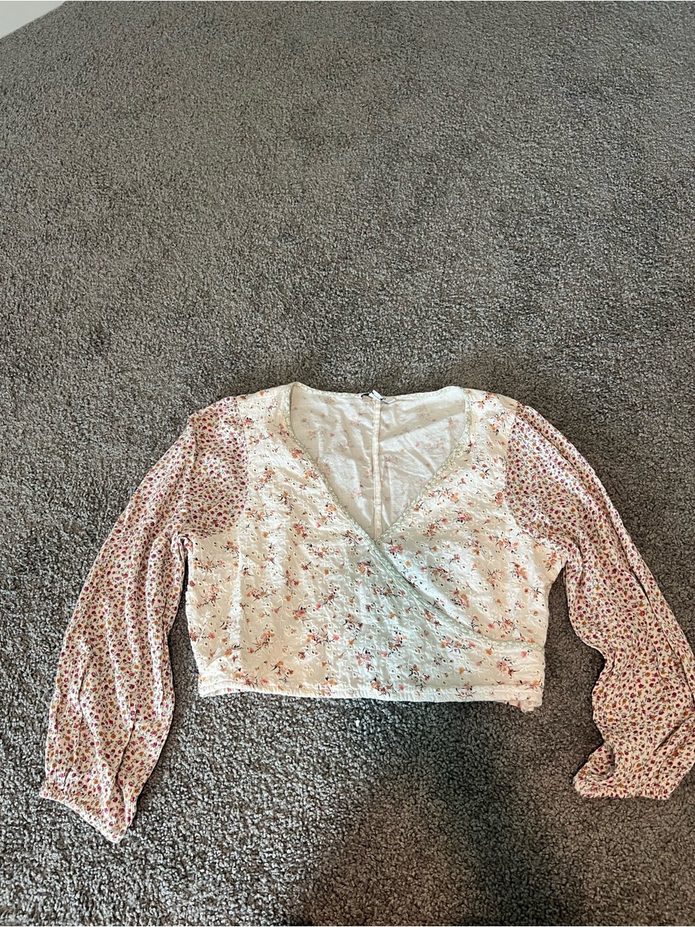 American Eagle Outfitters Floral Wrap Crop Blouse - Cream & Pink